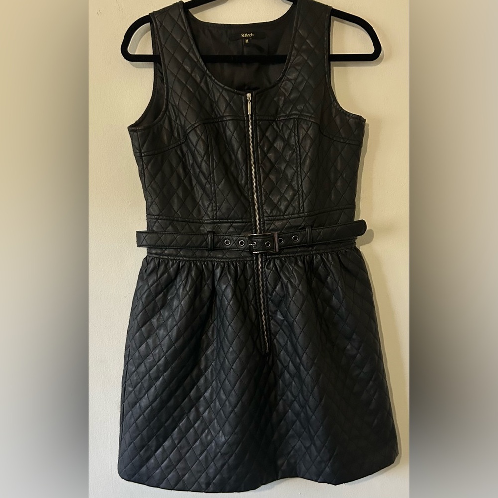 Black Quilted Faux Leather Sleeveless Zippered Party  Dress with Pockets